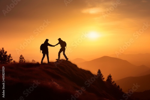 Teamwork couple hiking, silhouette of a person in the mountains. Generative AI © KaterynaVS