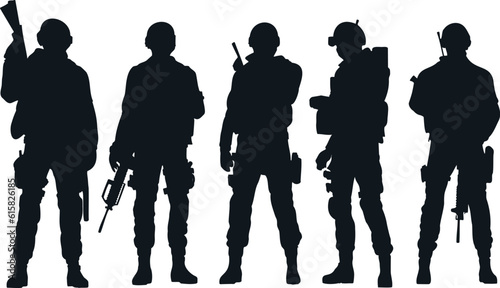 Set of Soldier Silhouettes on white background, Army soldiers with sniper rifle on duty vector silhouette, Jawan black silhouettes collection 