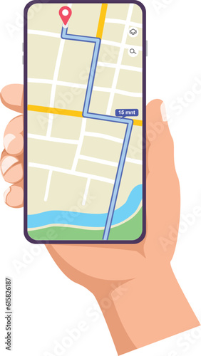 Seeing MAP or GPS navigation on a smartphone application. Hand holding smartphone with mobile apps for navigation or searching route on map or GPS. 