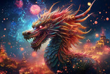 Chinese dragon on the background of the starry sky with fireworks.ai generative