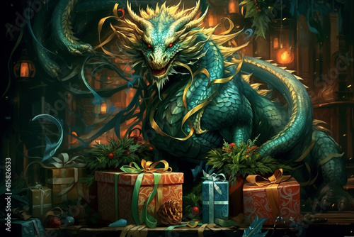 green chinese dragon and gift boxes. the concept of celebrating the new year of the dragon. ai generative