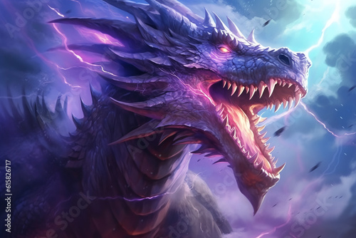 purple dragon with lightning in the clouds. fantasy illustration.ai generative