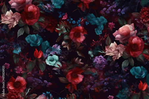 burgundy background nature decoration peony wallpaper flower vintage bouquet dark pattern. Generative AI. © VICHIZH