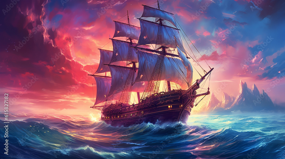 a ship with sails sailing in the sea or ocean, background in the style of bright fantasy landscapes. ai generative