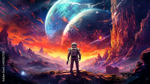 astronaut in a spacesuit on a fantastic background, in the style of bright fantasy landscapes. ai generative