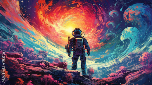 astronaut in a spacesuit on a fantastic background, in the style of bright fantasy landscapes. ai generative