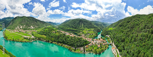 Tableau sur toile Aerial drone view of Most na Soci town in Slovenia and Soca river