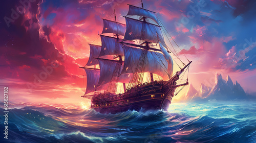 a ship with sails sailing in the sea or ocean, background in the style of bright fantasy landscapes. ai generative