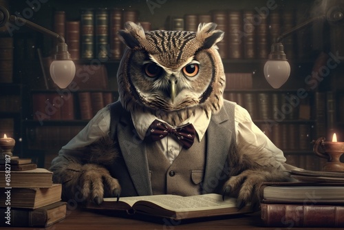 owl as a librarian, fantasy illustration, generated with ai