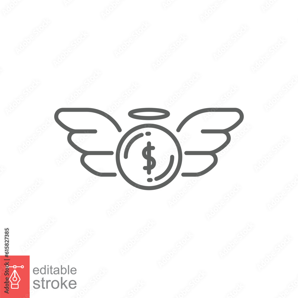 Angel investor icon. Simple outline style. Financial founder businessman, money with wings business concept. Thin line symbol. Vector illustration isolated on white background. Editable stroke EPS 10. Angel investor icon. Simple outline style. Financial founder businessman, money with wings business concept. Thin line symbol. Vector illustration isolated on white background. Editable stroke EPS 10.