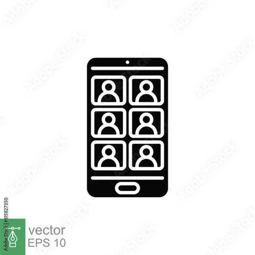 Video conference icon. Simple solid style. Online meetings, teleconference on smartphone, technology concept. Black silhouette, glyph symbol. Vector illustration isolated on white background. EPS 10.