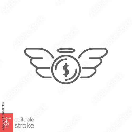Angel investor icon. Simple outline style. Financial founder businessman, money with wings business concept. Thin line symbol. Vector illustration isolated on white background. Editable stroke EPS 10.