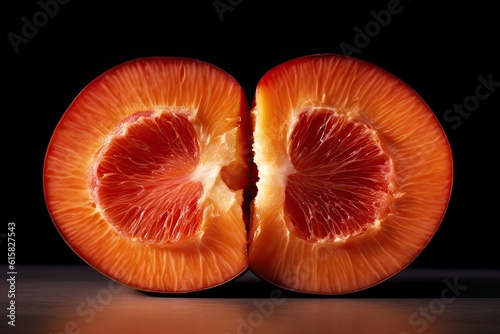 A luscious peach, sliced open, showcasing its succulent and vibrant orange flesh. Generative AI