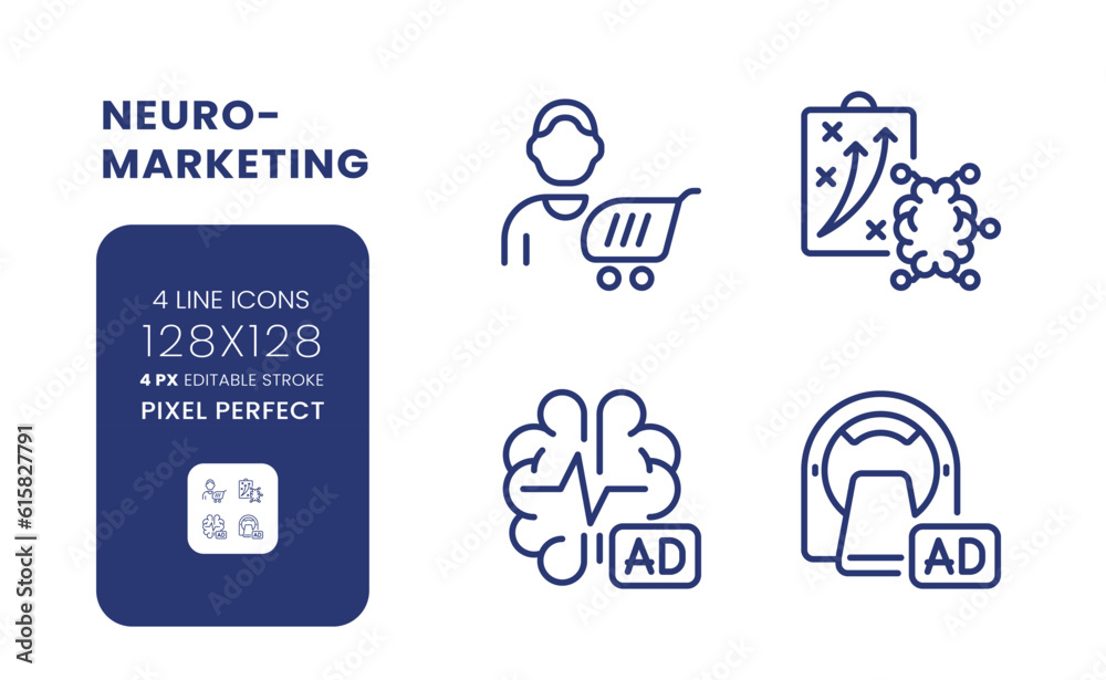 Neuro marketing linear desktop icons set. Neuromarketing research. Cognitive science. Pixel perfect 128x128, outline 4px. Isolated user interface elements pack for website. Editable stroke