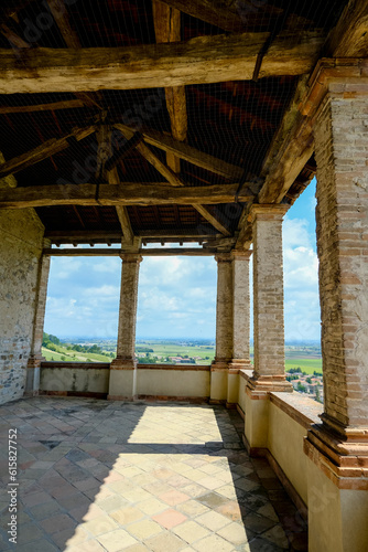 terrace view from the Castle Castello Torrechiara in Langhirano  Emilia-Romagna  Italy across ceiling and columns