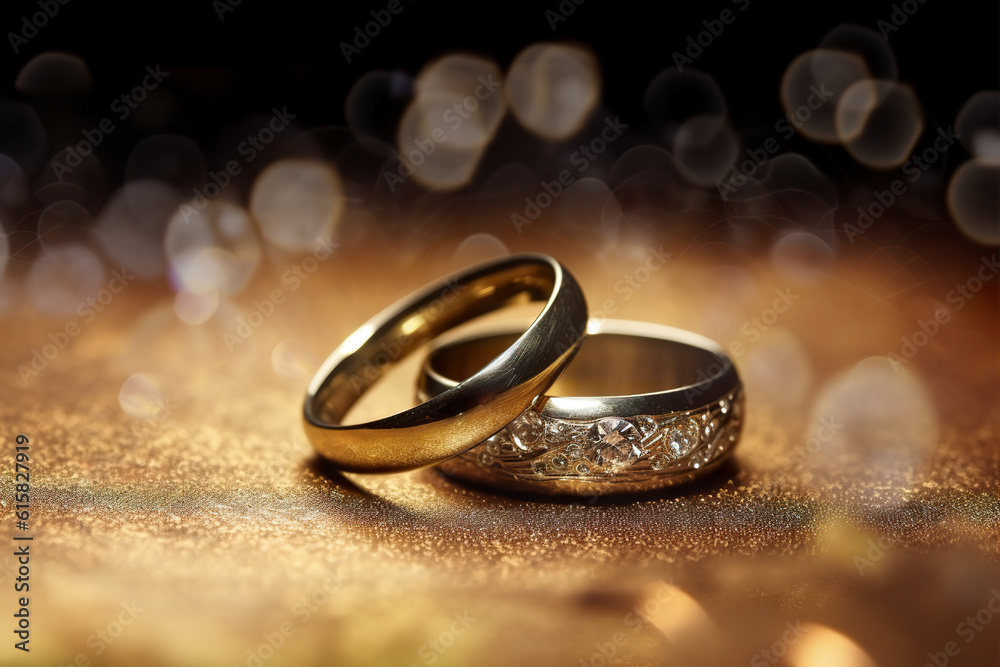 A pair of gold wedding rings with bokeh background