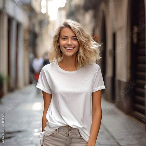 Woman wearing plain white t-shirt on street. Mockup for t-shirt print © vladdeep