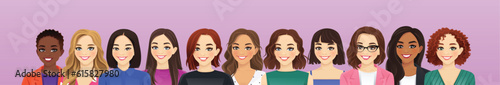 Portrait of multicultural multiethnic group of different casual and business women isolated on purple background vector illustration