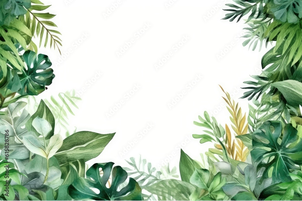 Naklejka premium Tropical green leaf frame on white background, copy space for text, square banner with palm Leaves