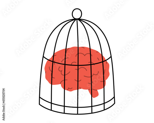 Hand drawn cute illustration of human brain in cage. Flat vector closed mind, limited thinking, ban on creativity in colored doodle style. Mental health, medicine sticker, icon. Isolated on white.
