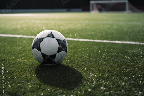 A soccer ball on a field. Generative AI © KaterynaVS