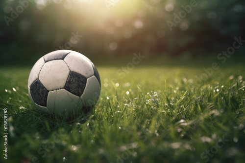 soccer ball on grass. Generative AI © KaterynaVS