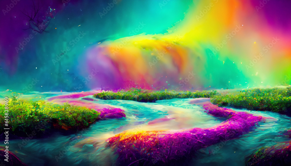 Multicolores magical rainbow colored river. Digital illustration