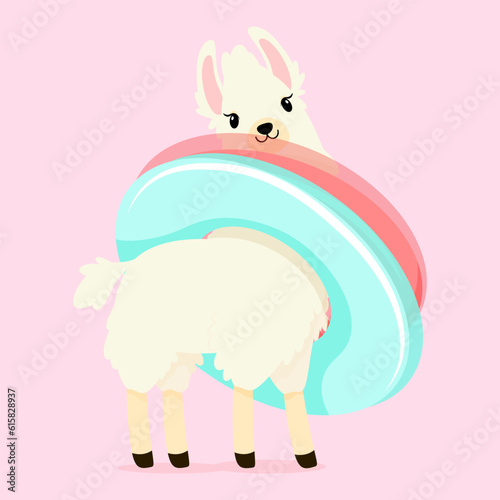 White fluffy llama with inflatable swimming rings around his neck