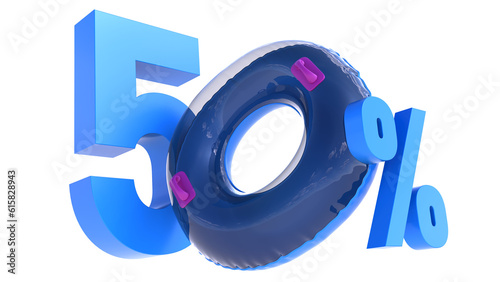 Summer sale banner, Big sale special up to 50% off, fifty percent with swiming ring isolated on white, 3D render
