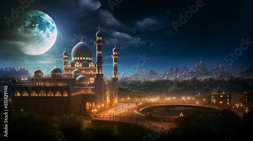 Arabian Nights Moon. Generative AI.
A digital rendering of a palace at night with an Arabian Nights theme.
