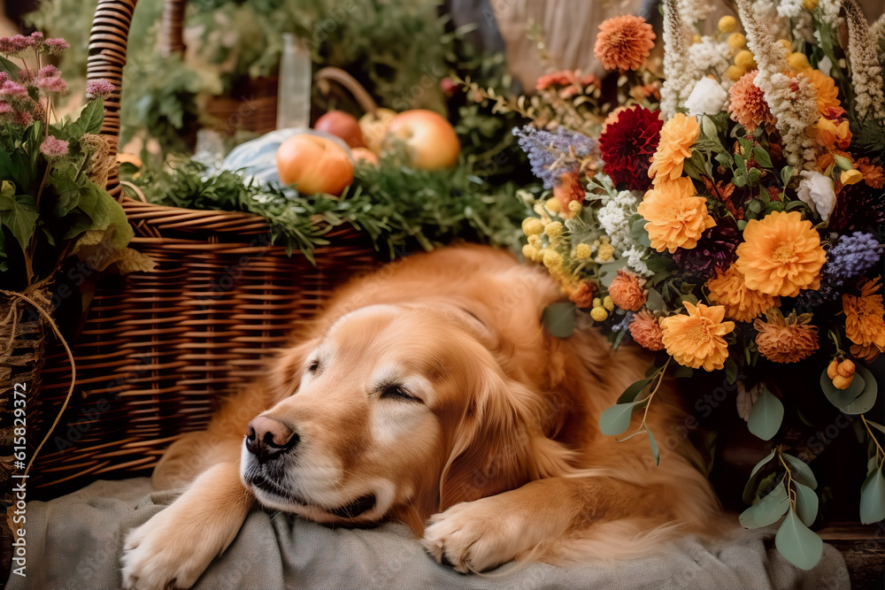 golden retriever lying near a basket of flowers at a wedding ceremony golden retriever lying near a basket of flowers at a wedding ceremony