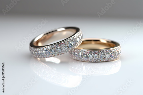 Designer wedding rings on a sparkling white background