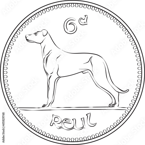 Irish money Pre-decimal silver Sixpence coin with Wolfhound on reverse. Black and white image photo