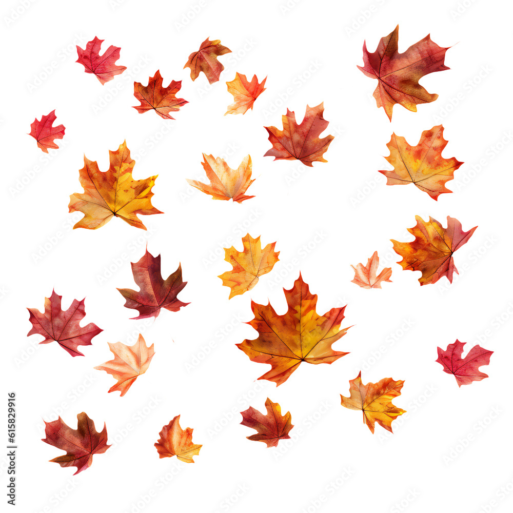 Falling autumn leaves. Transparent background. Generative AI.