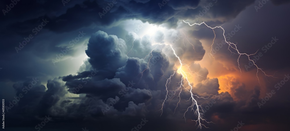 Storm warning - Weather background banner - Amazing lightning storm in orange light and dark clouds on sky (Generative Ai) - obrazy, fototapety, plakaty 