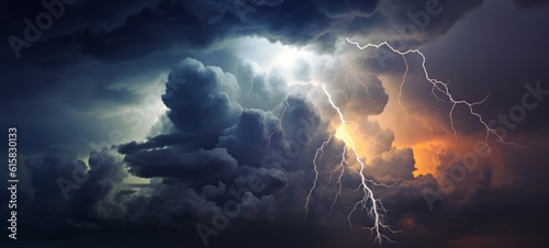 Storm warning - Weather background banner - Amazing lightning storm in orange light and dark clouds on sky (Generative Ai)