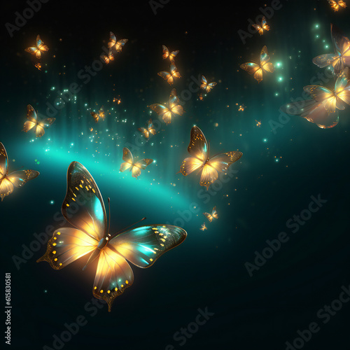 Glowing butterflies on isolated black background. Generative AI. © s1llu