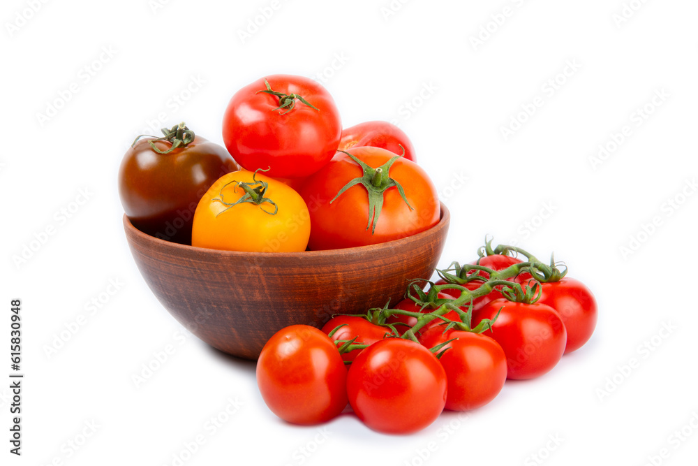 Various colorful tomatoes isolated on white background. Fresh yellow, red, black, pink and brown tomatoes. Fresh vegetables. Vegan. Close-up. Healthy food. Salad Ingredients. Various colorful tomatoes isolated on white background. Fresh yellow, red, black, pink and brown tomatoes. Fresh vegetables. Vegan. Close-up. Healthy food. Salad Ingredients.