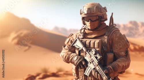 A armed soldier standing in a desert