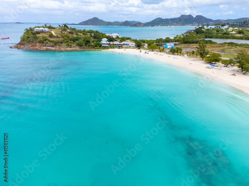 Fototapeta Naklejka Na Ścianę i Meble -  Aerial drone panorama of the white beaches of Antigua island in the Caribbean sea