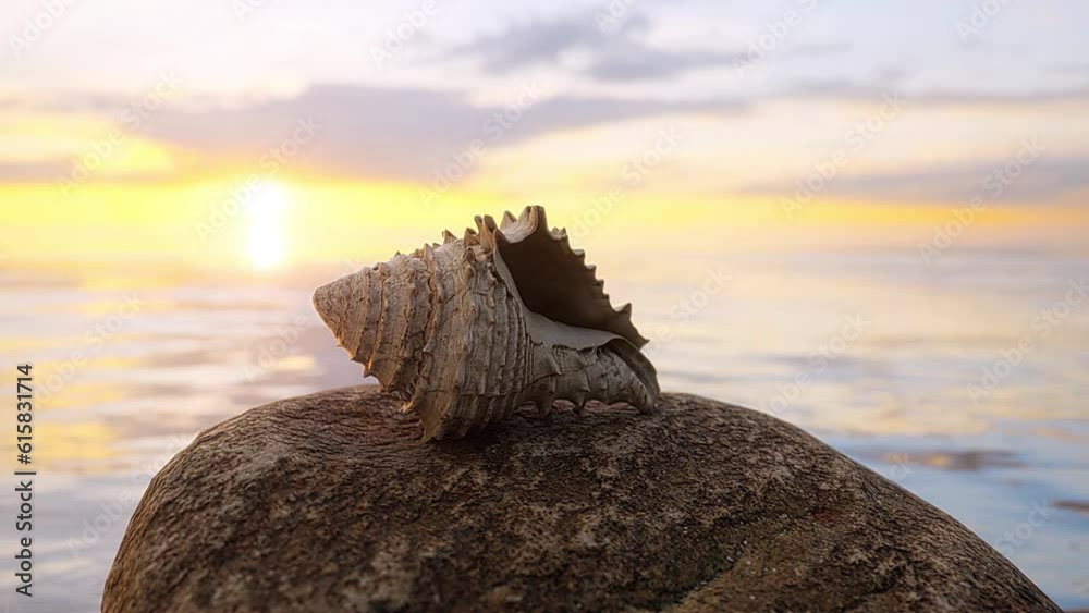 A close-up view of a Conch Seashell resting on a rock against the backdrop of the ocean horizon at sunset.