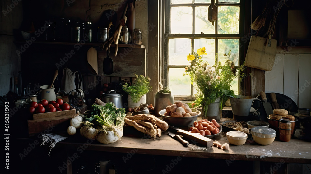 an old kitchen with vegetables on the counter and pots, pans, uts, pots and other items an old kitchen with vegetables on the counter and pots, pans, uts, pots and other items
