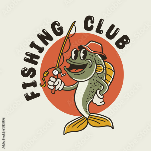 illustration of a fish cartoon character holding a fishing rod in vintage style