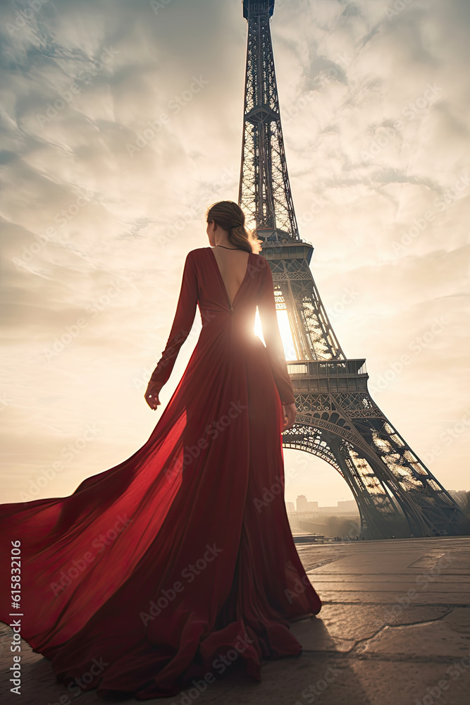 a woman wearing a red dress standing in front of the eiff tower with her back turned to the camera