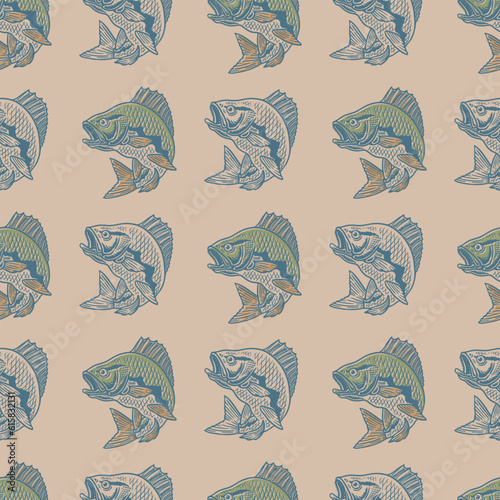 large mouth bass fish hand drawn seamless pattern in vintage style