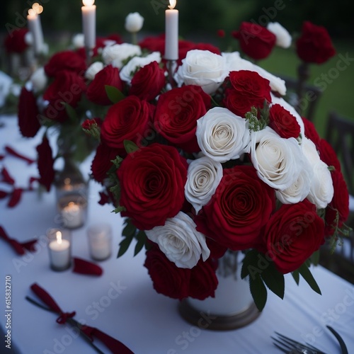 Red and white flower bouquet at wedding table  candles and flower petals
