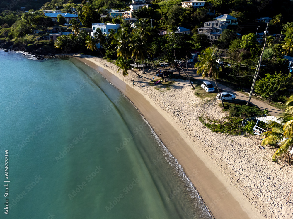 Naklejka premium Aerial drone panorama of the white beaches of Antigua island in the Caribbean sea
