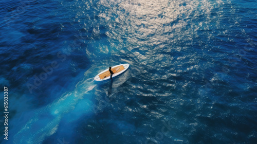The view from Drone above A surfer is surfing on a surfboard