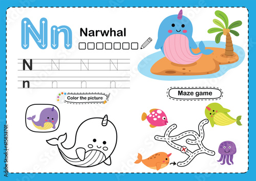 Illustration Isolated Animal Alphabet Letter N-Narwhal
