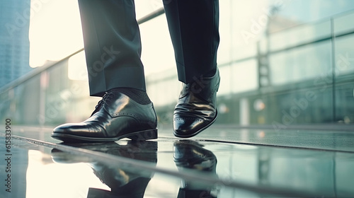 Close-up of businessman's feet walking in office upstairs
